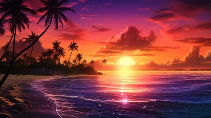 Wall Mural - Amazing sunset on a tropical beach with palm trees.