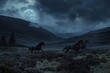A highland moor under a full moon where shadowy figures of mythical horses gallop across the heath
