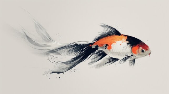 Illustration of a goldfish with paint splashes on a white background. Copy space for text