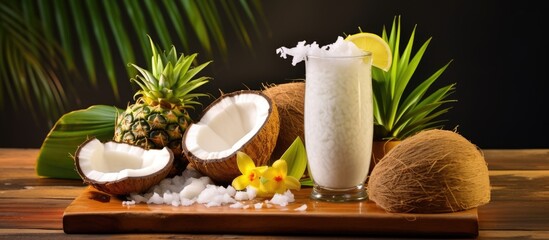 Wall Mural - A plantbased glass of coconut milk sits on a wooden table surrounded by coconuts and pineapples, showcasing tropical ingredients for a delicious dish or recipe