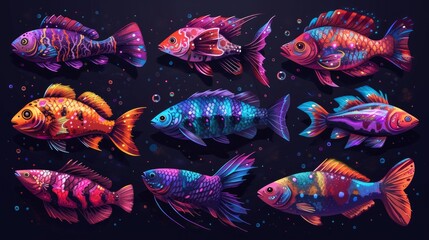 Wall Mural - Set of colorful fish on black background. Magic fishes, neon color. Set of icons