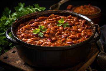 Baked beans in black pot