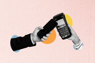 Poster - Creative photo collage picture human hand hold smartphone cashless payment terminal purchase online buyer drawing background