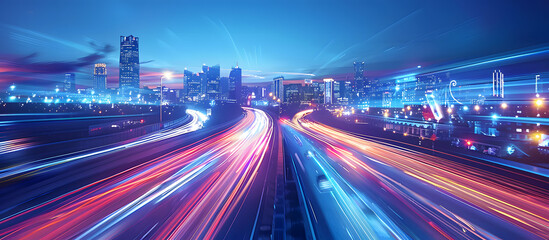 Wall Mural - Abstract cityscape background featuring a night highway with illuminated road lights, capturing the motion of traffic. The image has a long exposure, creating a dynamic and blurred effect.