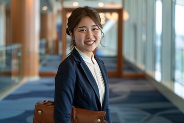 Wall Mural - Smiling Asian Woman in a Suit and Tie, Ready for a Monthly Event Generative AI