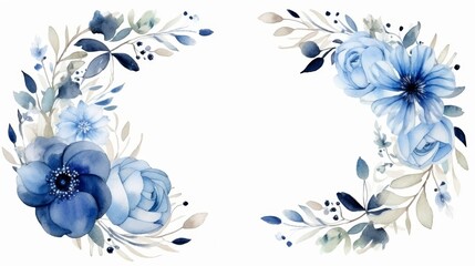  Set of blue and grey watercolor floral frame for wedding invitation