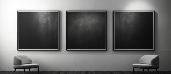 Poster - Three rectangular blackandwhite art frames are hanging on a grey wall next to two wood chairs. The frames are filled with tints and shades, covered with glass, adding elegance to the event space
