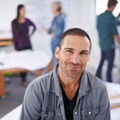 building, smile and portrait of architect man in office for creative, design or project management. 