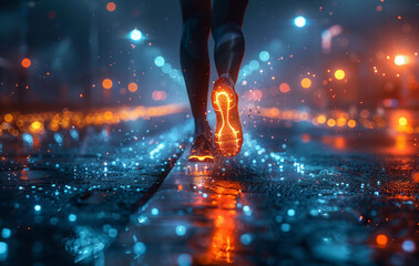 Poster - Futuristic sports shoes running in the wet asphalt with neon light. Concept of running night games motion blur effect.