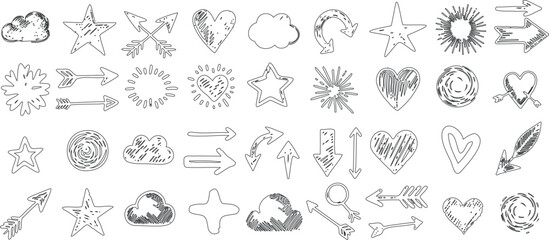 Wall Mural - doodle icon vector set, hand drawn, icons featuring star, heart, arrow, sun. perfect for web design,