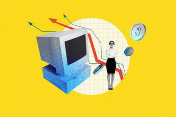 Aufkleber - Business concept photo collage of young investment manager woman folded hands income progress graphic isolated on yellow background