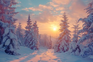 Sticker - Beautiful winter landscape with fir trees in a snowy forest in the evening at sunset.