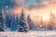 Beautiful winter landscape with fir trees in a snowy forest in the evening at sunset.