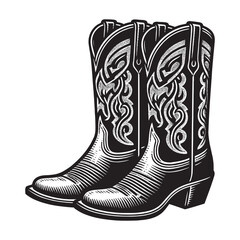 Poster - Cowboy boots Cossacks. Vector black engraving icon, illustration. Vintage retro style logo