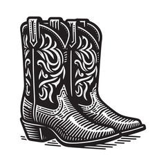 Wall Mural - Cowboy boots Cossacks. Vector black engraving icon, illustration. Vintage retro style logo