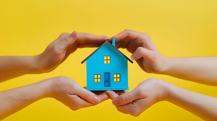 Wall Mural - photograph of two different hands holding a small blue house in yellow background