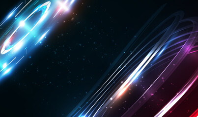 Poster - Portal and hologram science futuristic stage in cyberspace. Teleport podium. Sci-fi digital hi-tech in glowing HUD projector. Hologram of digital rings. GUI, UI. Technology and Science. Tech Vector.