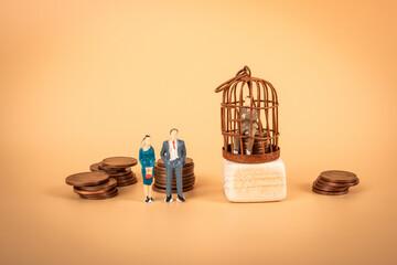 Wall Mural - competition and business concept. miniature human figures and change on a light background