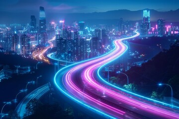 Fototapete - The flow of digital information is in the form of a highway. To future abstract technology concept
