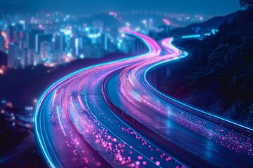 Fototapete - The flow of digital information is in the form of a highway. To future abstract technology concept