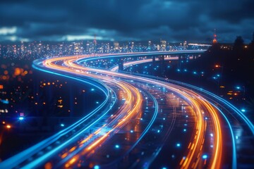 Fototapete - The flow of digital information is in the form of a highway. To future abstract technology concept