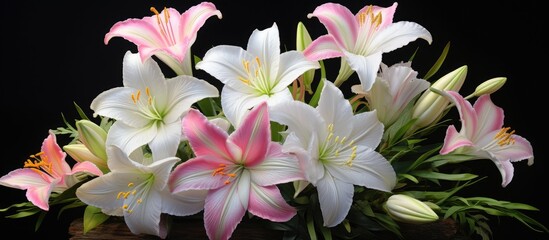 Sticker - A stunning arrangement of white and pink lilies showcasing their delicate petals against a dramatic black background. These houseplants make beautiful cut flowers for flower arranging