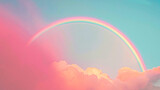 Fototapeta Tulipany - A vibrant rainbow arching across the light pink circle, its colorful bands stretching across the sky like a bridge between earth and sky.