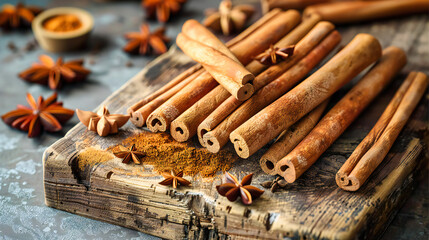 Wall Mural - Essence of Tradition: Cinnamon and Spices Arranged on Wood, Echoing the Warmth and Richness of Culinary Heritage