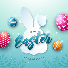 Sticker - Happy Easter Holiday Illustration with Painted Egg and Rabbit Silhouette on Blue Background. International Religious Celebration Design with Typography Lettering for Greeting Card, Party Invitation or