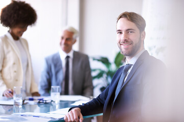 Canvas Print - Meeting, employee and portrait of man with smile for new job or career in corporate company and office. Contract, paperwork and male person with happiness to sign for agreement to work in workplace