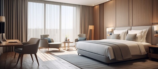 Wall Mural - Spacious hotel room in a building with hardwood floor, featuring a kingsize bed, chairs, desk, and large windows for comfort and relaxation