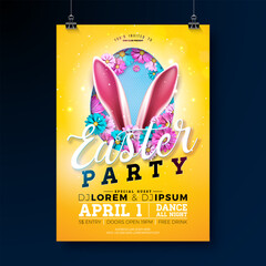 Sticker - Easter Party Flyer Illustration with Painted Eggs, Rabbit Ears and Flowers on Sun Yellow Background. Vector Spring Religious Holiday Celebration Poster Design Template for Banner or Invitation.