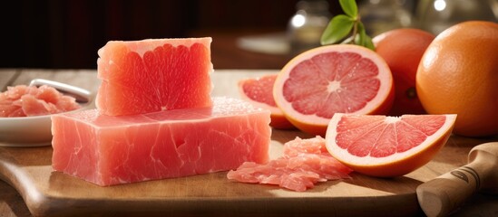 Canvas Print - A block of grapefruit soap sits on a cutting board next to fresh grapefruit. Both items feature the citrus fruit known for its vibrant flavor and aroma