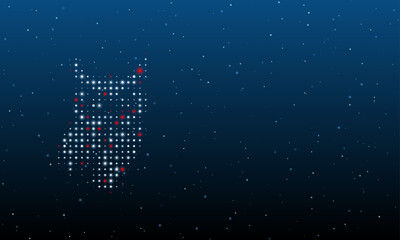 Poster - On the left is the owl symbol filled with white dots. Background pattern from dots and circles of different shades. Vector illustration on blue background with stars