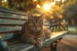 Very beautiful tabby cat with green eyes sitting at sunset on a bench under the trees in the summer or spring. Smart closer look, beautiful pose.