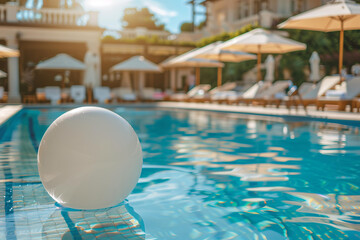 Wall Mural - A white beach ball floating in the pool of an elegant hotel with sun loungers and umbrellas on the side