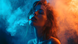 Fototapeta  - a woman smoking in front of a blue background,
