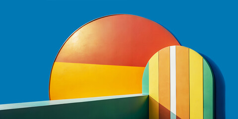 Poster - Background in summer holiday concept with geometric shapes with contemporary art styles to promote products. rainbow, door, circle, blue wall, illustration, 3d rendering