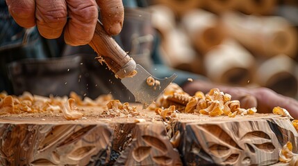 Wall Mural - Closeup of carver hands sculpting with tool in wooden plank making artistic sculpture.