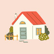 © Olga - Cute little country cottage in flat style with line details. Cartoon farmhouse exterior. Countryside building with fence and chimney. Vector graphic