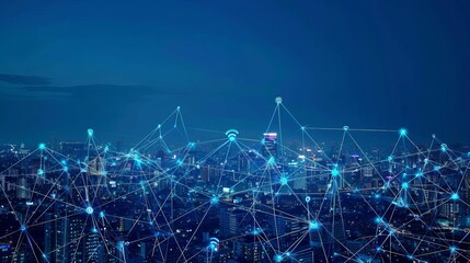 In a modern and creative telecommunication network within a smart city, the concept emphasizes the connectivity of 5G wireless technology and the Internet of Things