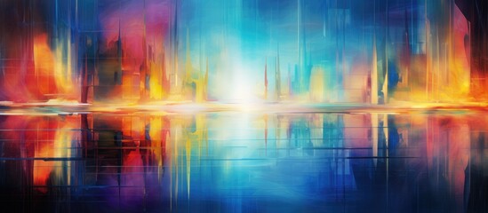 Wall Mural - A vibrant abstract background with shades of azure, reflecting a city skyline in the tranquil waters. A harmonious blend of art and natural landscape