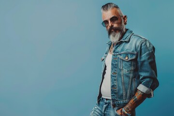 Canvas Print - A man in a blue denim jacket is posing for a photo