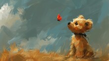 A Painting Of A Dog Looking Up At A Red Bird On A Blue Sky With Clouds And Grass In The Foreground.