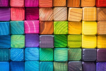 Wall Mural - Colorful background of wooden blocks. A Spectrum of multi colored wooden blocks aligned. Background or cover for something creative or diverse.
