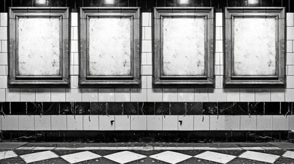 Black and white style with retro effect, four empty paintings with copy space on a vintage metro station with tiles