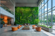 Cascading green wall installed in a contemporary office lobby, providing a refreshing and calming atmosphere for employees and visitors, vertical gardening