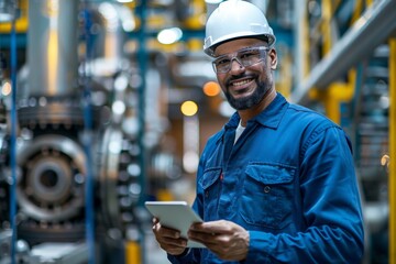 Poster - Professional technician in a blue uniform using a tablet in an industrial setting