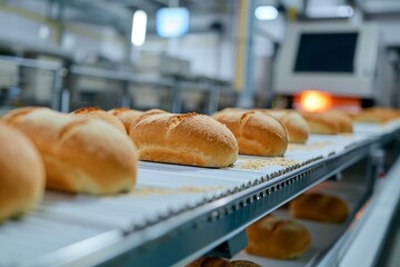 Wall Mural - Freshly baked bread on a conveyor belt