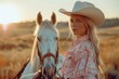 blond cowgirl with a white hat and pink cowboy clothes on a white horse, scenic background, golden hour